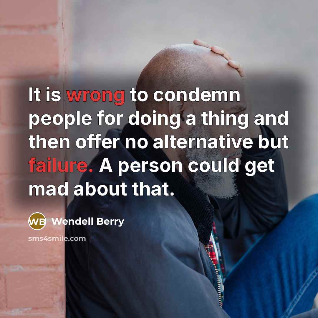 “It is wrong to condemn people for doing a thing and then offer no alternative but failure. A person could get mad about that.” quote by Wendell Berry