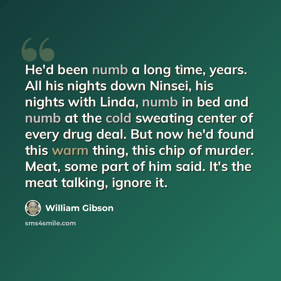 “He'd been numb a long time, years. All his nights down Ninsei, his nights with Linda, numb in bed and numb at the cold sweating center of every drug deal. But now he'd found this warm thing, this chip of murder. Meat, some part of him said. It's the meat talking, ignore it.” quote by William Gibson