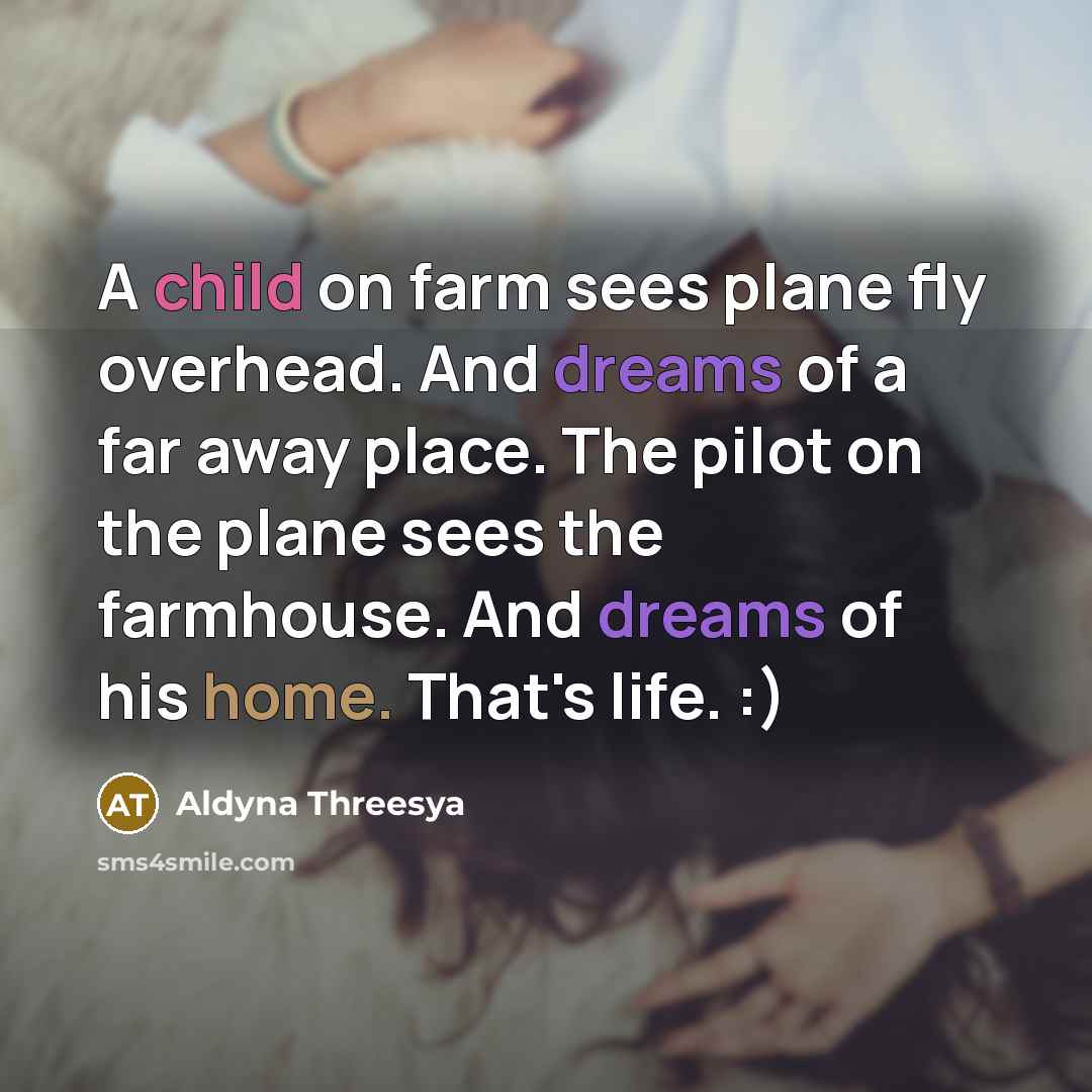 “A child on farm sees plane fly overhead. And dreams of a far away place. The pilot on the plane sees the farmhouse. And dreams of his home. That's life. :)” quote by Aldyna Threesya