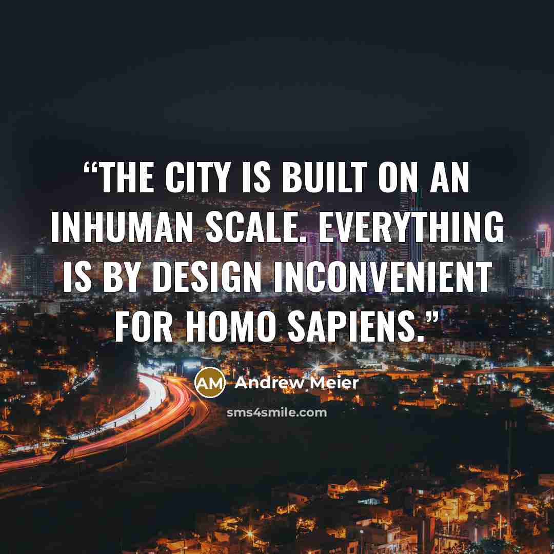“The city is built on an inhuman scale. Everything is by design inconvenient for Homo sapiens.” quote by Andrew Meier