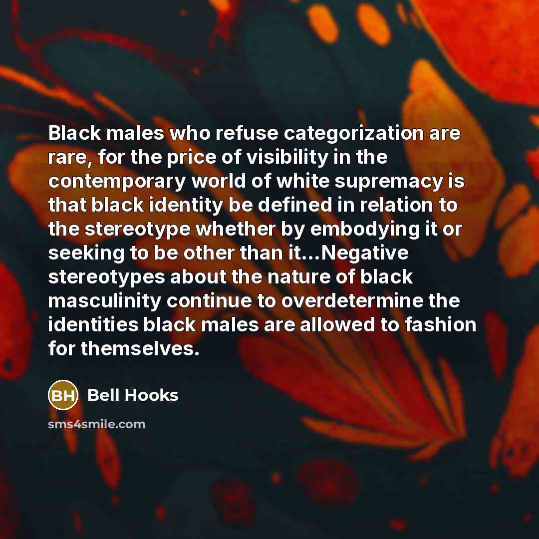 “Black males who refuse categorization are rare, for the price of visibility in the contemporary world of white supremacy is that black identity be defined in relation to the stereotype whether by embodying it or seeking to be other than it…Negative stereotypes about the nature of black masculinity…” quote by Bell Hooks