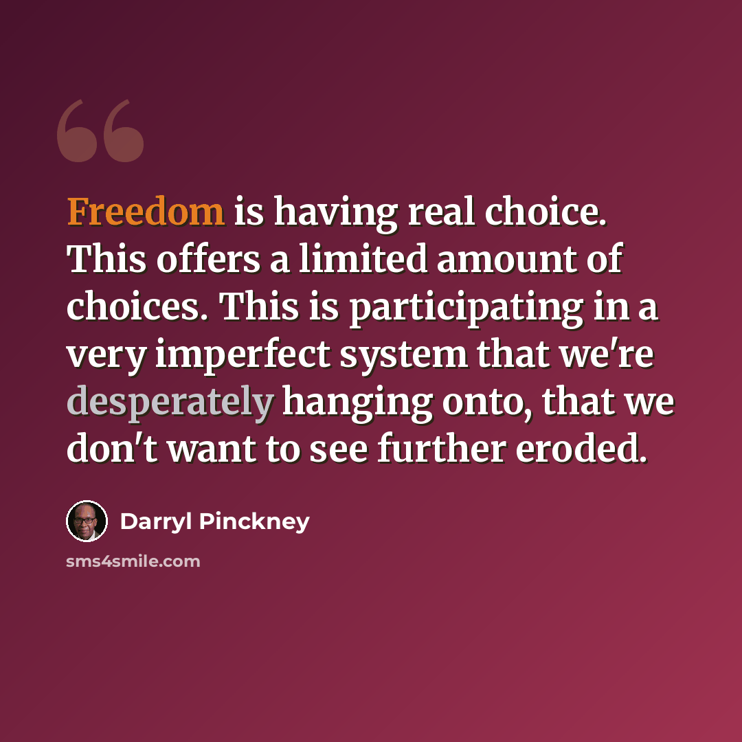 “Freedom is having real choice. This offers a limited amount of choices. This is participating in a very imperfect system that we're desperately hanging onto, that we don't want to see further eroded.” quote by Darryl Pinckney