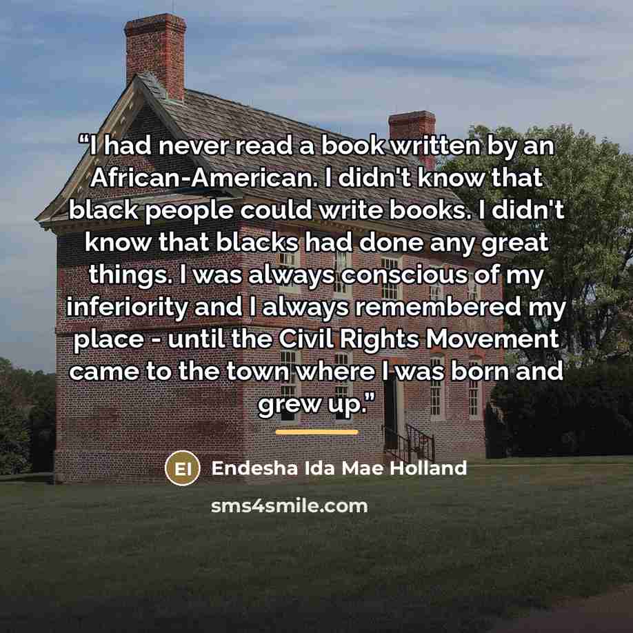 “I had never read a book written by an African-American. I didn't know that black people could write books. I didn't know that blacks had done any great things. I was always conscious of my inferiority and I always remembered my place - until the Civil Rights Movement came to the town where I was…” quote by Endesha Ida Mae Holland