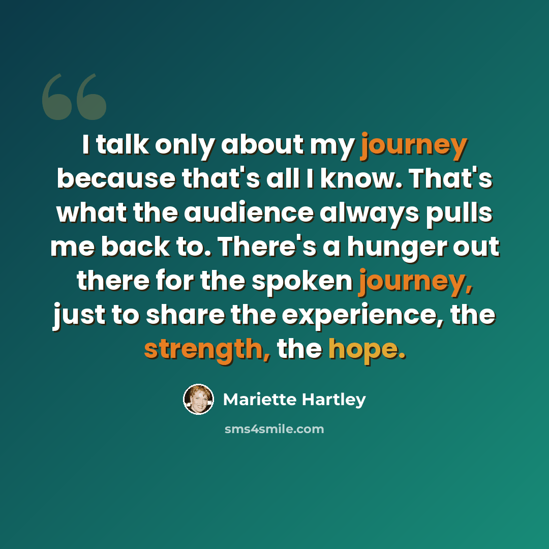 “I talk only about my journey because that's all I know. That's what the audience always pulls me back to. There's a hunger out there for the spoken journey, just to share the experience, the strength, the hope.” quote by Mariette Hartley