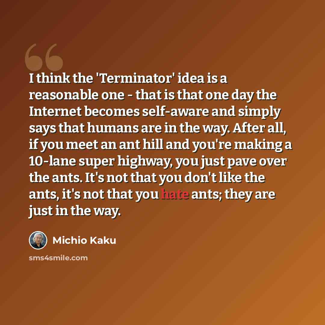 “I think the 'Terminator' idea is a reasonable one - that is that one day the Internet becomes self-aware and simply says that humans are in the way. After all, if you meet an ant hill and you're making a 10-lane super highway, you just pave over the ants. It's not that you don't like the ants…” quote by Michio Kaku