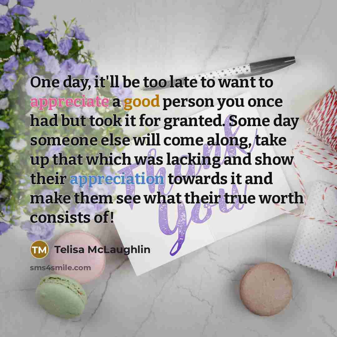 “One day, it'll be too late to want to appreciate a good person you once had but took it for granted. Some day someone else will come along, take up that which was lacking and show their appreciation towards it and make them see what their true worth consists of!” quote by Telisa McLaughlin