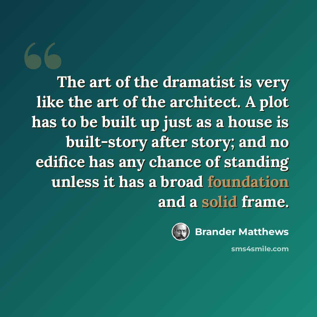 “The art of the dramatist is very like the art of the architect. A plot has to be built up just as a house is built-story after story; and no edifice has any chance of standing unless it has a broad foundation and a solid frame.” quote by Brander Matthews