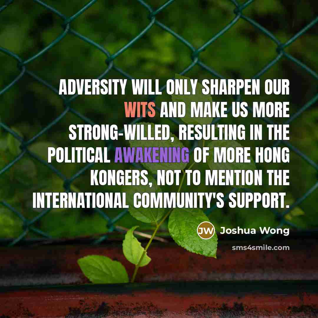 “Adversity will only sharpen our wits and make us more strong-willed, resulting in the political awakening of more Hong Kongers, not to mention the international community's support.” quote by Joshua Wong