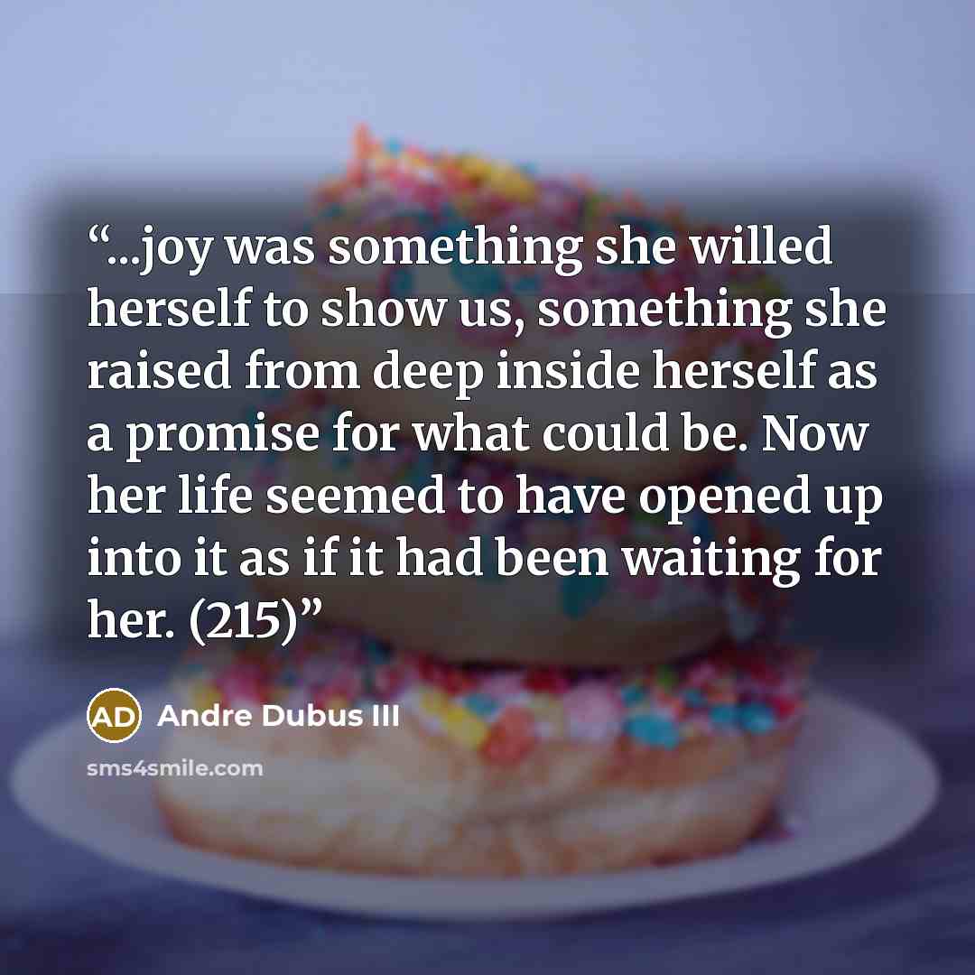 “...joy was something she willed herself to show us, something she raised from deep inside herself as a promise for what could be. Now her life seemed to have opened up into it as if it had been waiting for her. (215)” quote by Andre Dubus III
