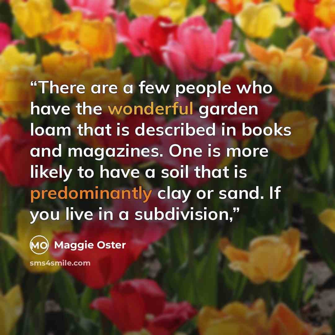 “There are a few people who have the wonderful garden loam that is described in books and magazines. One is more likely to have a soil that is predominantly clay or sand. If you live in a subdivision,” quote by Maggie Oster