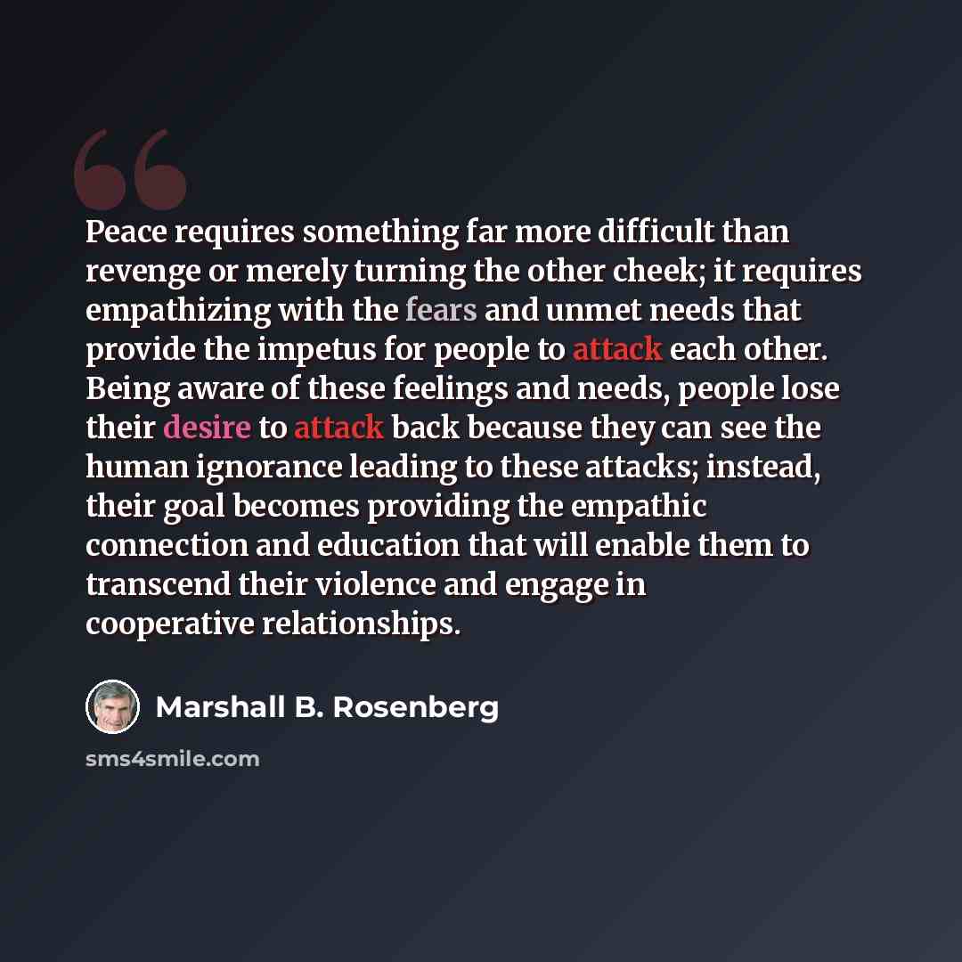 “Peace requires something far more difficult than revenge or merely turning the other cheek; it requires empathizing with the fears and unmet needs that provide the impetus for people to attack each other. Being aware of these feelings and needs, people lose their desire to attack back because they…” quote by Marshall B. Rosenberg