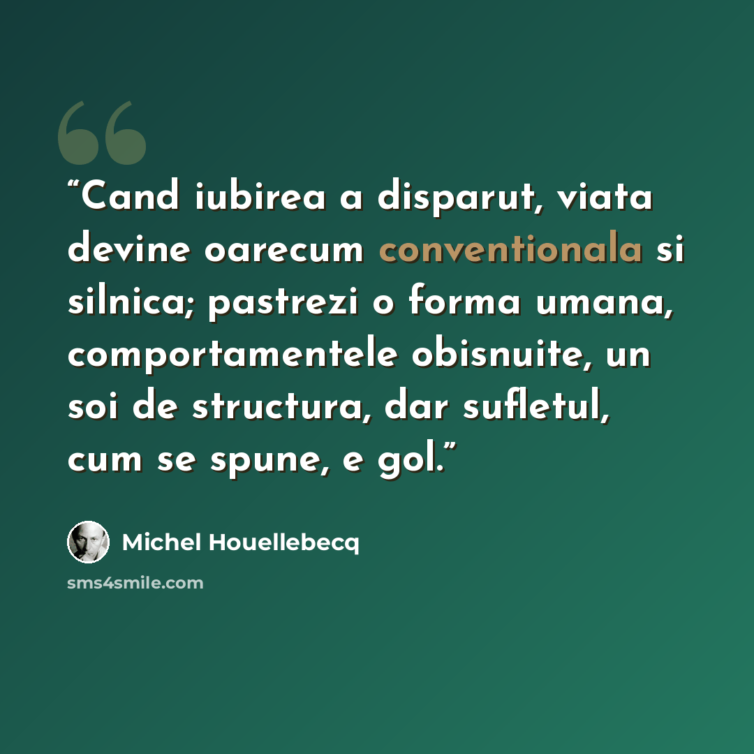“Cand iubirea a disparut, viata devine oarecum conventionala si silnica; pastrezi o forma umana, comportamentele obisnuite, un soi de structura, dar sufletul, cum se spune, e gol.” quote by Michel Houellebecq