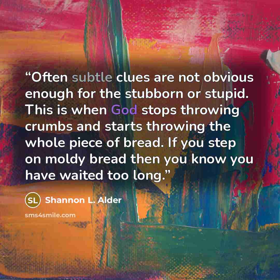 “Often subtle clues are not obvious enough for the stubborn or stupid. This is when God stops throwing crumbs and starts throwing the whole piece of bread. If you step on moldy bread then you know you have waited too long.” quote by Shannon L. Alder