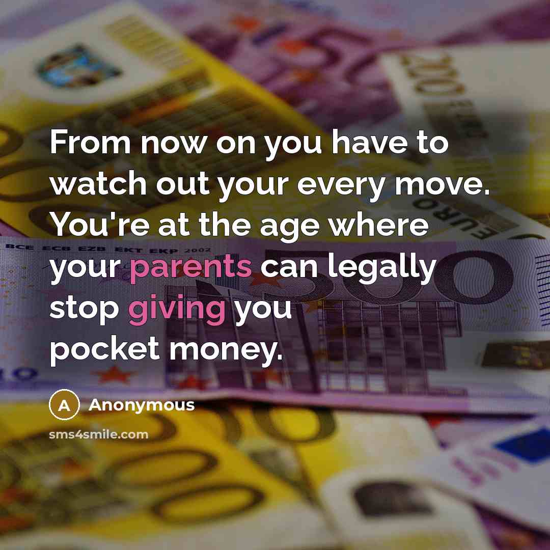 “From now on you have to watch out your every move. You're at the age where your parents can legally stop giving you pocket money.” quote by Anonymous