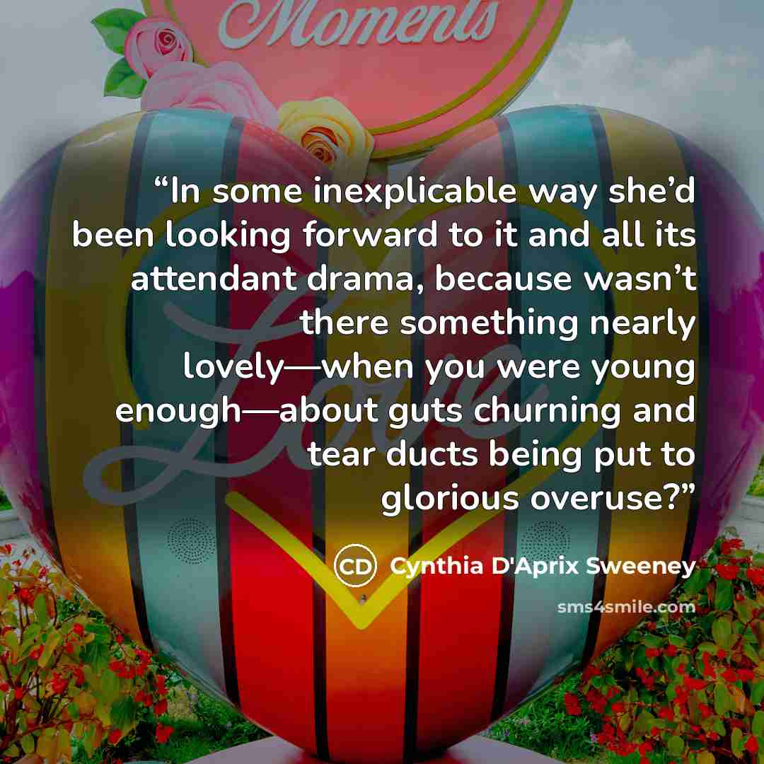 “In some inexplicable way she’d been looking forward to it and all its attendant drama, because wasn’t there something nearly lovely—when you were young enough—about guts churning and tear ducts being put to glorious overuse?” quote by Cynthia D'Aprix Sweeney