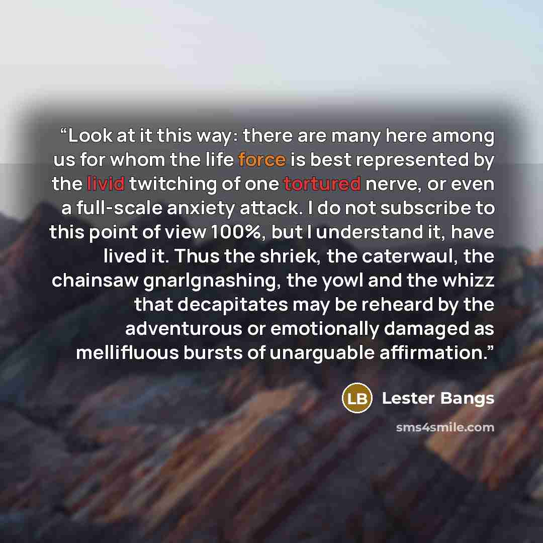 “Look at it this way: there are many here among us for whom the life force is best represented by the livid twitching of one tortured nerve, or even a full-scale anxiety attack. I do not subscribe to this point of view 100%, but I understand it, have lived it. Thus the shriek, the caterwaul, the…” quote by Lester Bangs
