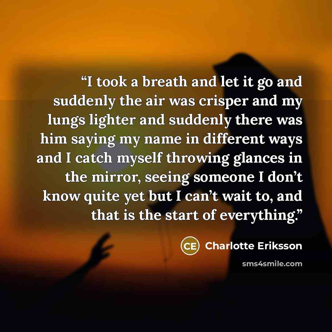 “I took a breath and let it go and suddenly the air was crisper and my lungs lighter and suddenly there was him saying my name in different ways and I catch myself throwing glances in the mirror, seeing someone I don’t know quite yet but I can’t wait to, and that is the start of everything.” quote by Charlotte Eriksson