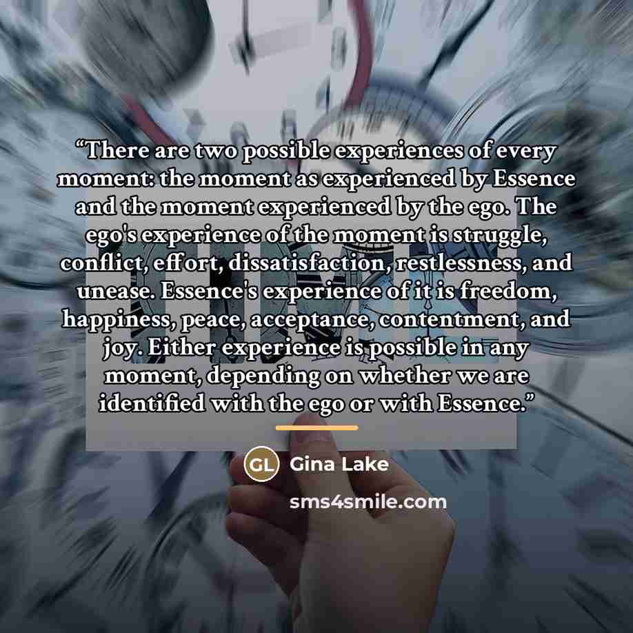“There are two possible experiences of every moment: the moment as experienced by Essence and the moment experienced by the ego. The ego's experience of the moment is struggle, conflict, effort, dissatisfaction, restlessness, and unease. Essence's experience of it is freedom, happiness, peace…” quote by Gina Lake