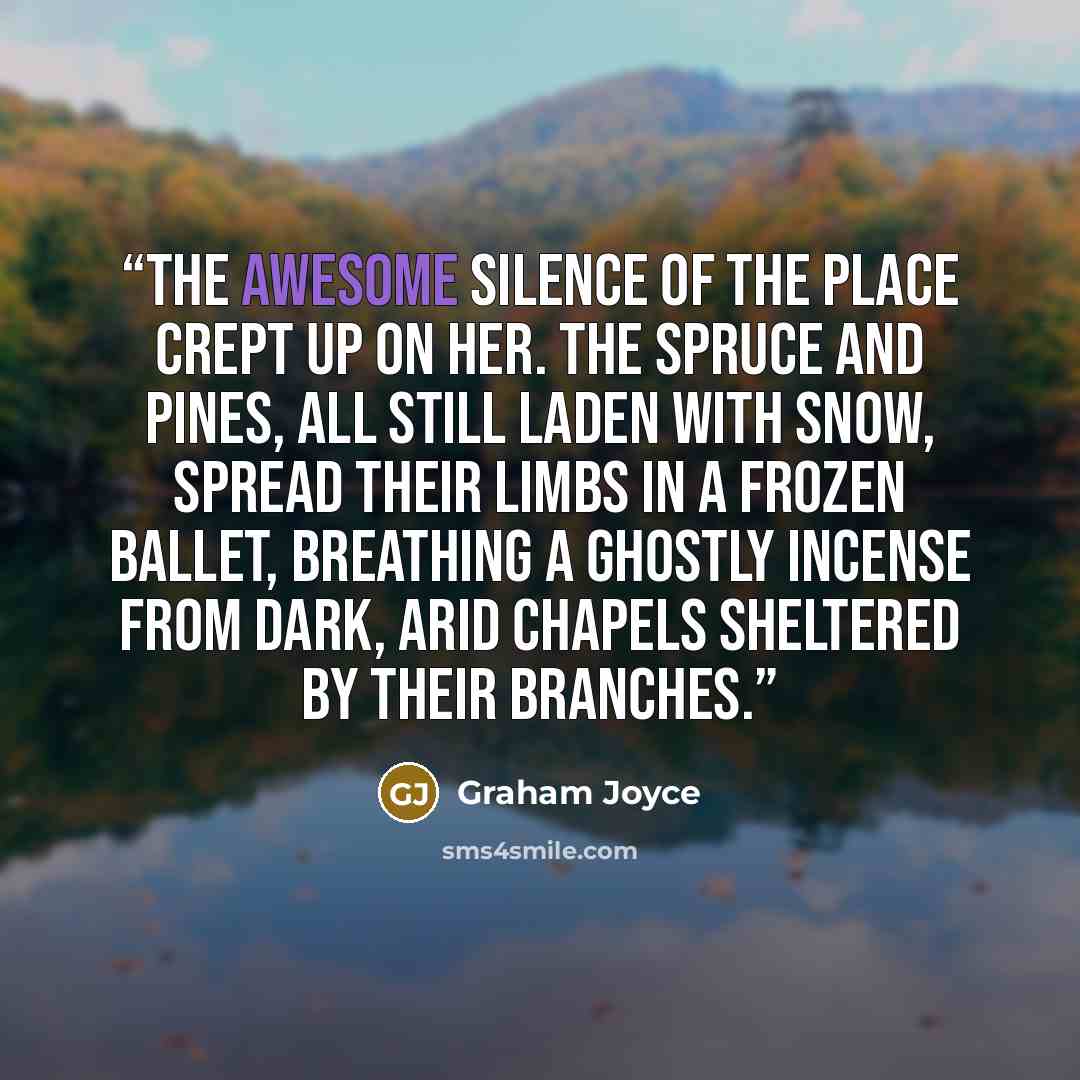 “The awesome silence of the place crept up on her. The spruce and pines, all still laden with snow, spread their limbs in a frozen ballet, breathing a ghostly incense from dark, arid chapels sheltered by their branches.” quote by Graham Joyce