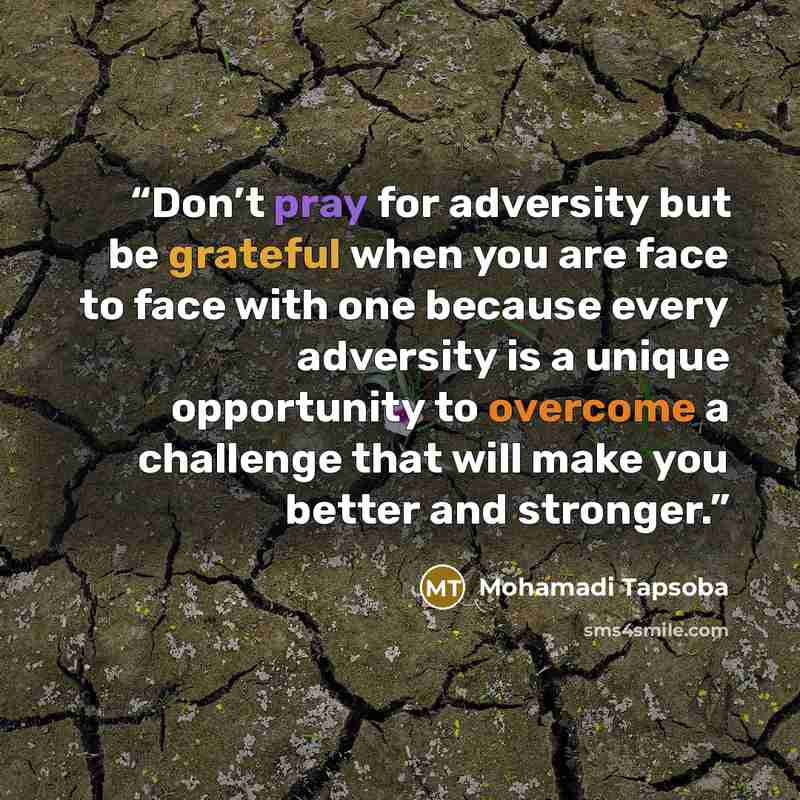 “Don’t pray for adversity but be grateful when you are face to face with one because every adversity is a unique opportunity to overcome a challenge that will make you better and stronger.” quote by Mohamadi Tapsoba