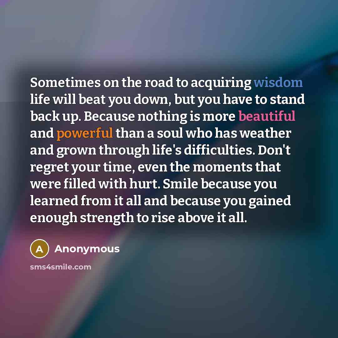 “Sometimes on the road to acquiring wisdom life will beat you down, but you have to stand back up. Because nothing is more beautiful and powerful than a soul who has weather and grown through life's difficulties. Don't regret your time, even the moments that were filled with hurt. Smile because you…” quote by Anonymous