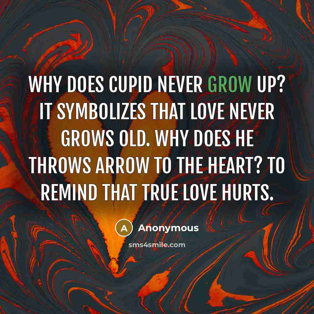 “Why does Cupid never grow up? It symbolizes that love never grows old. Why does he throws arrow to the heart? To remind that true love hurts.” quote by Anonymous