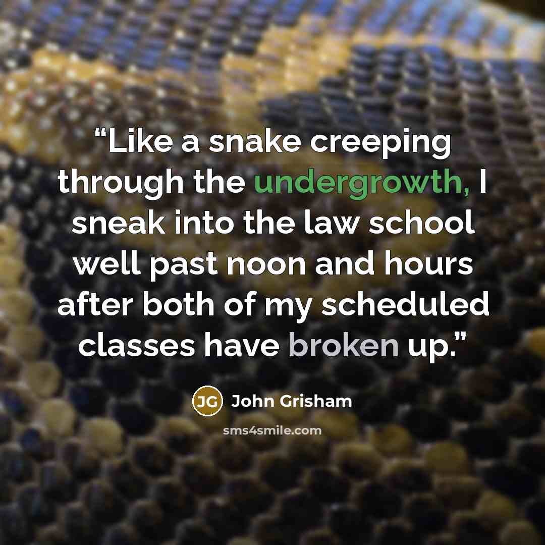 “Like a snake creeping through the undergrowth, I sneak into the law school well past noon and hours after both of my scheduled classes have broken up.” quote by John Grisham
