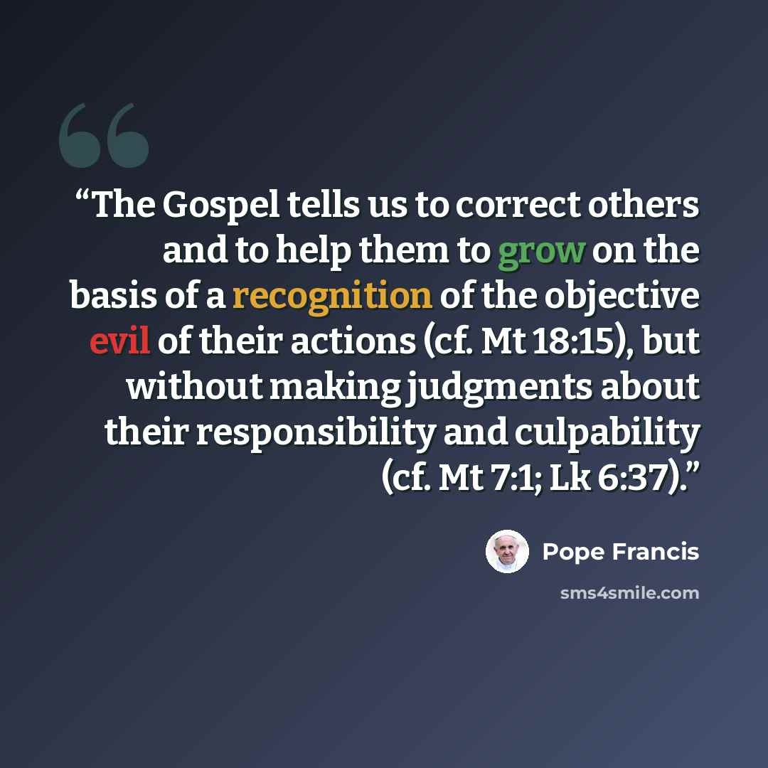 “The Gospel tells us to correct others and to help them to grow on the basis of a recognition of the objective evil of their actions (cf. Mt 18:15), but without making judgments about their responsibility and culpability (cf. Mt 7:1; Lk 6:37).” quote by Pope Francis