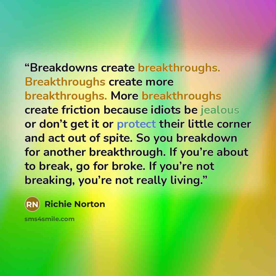“Breakdowns create breakthroughs. Breakthroughs create more breakthroughs. More breakthroughs create friction because idiots be jealous or don’t get it or protect their little corner and act out of spite. So you breakdown for another breakthrough. If you’re about to break, go for broke. If you’re…” quote by Richie Norton