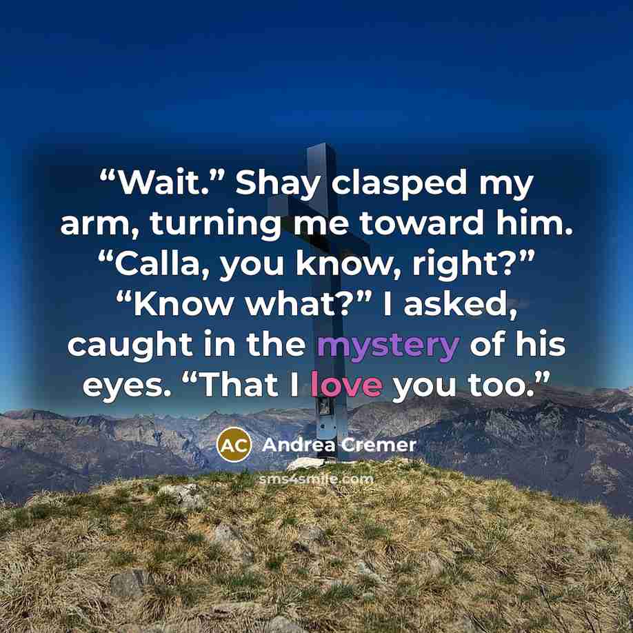 “Wait.” Shay clasped my arm, turning me toward him. “Calla, you know, right?” “Know what?” I asked, caught in the mystery of his eyes. “That I love you too.” quote by Andrea Cremer