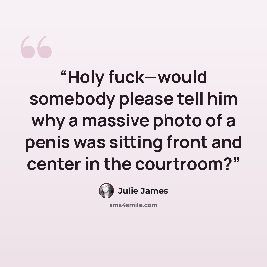 “Holy fuck—would somebody please tell him why a massive photo of a penis was sitting front and center in the courtroom?” quote by Julie James