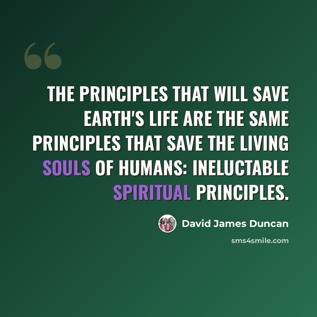 “The principles that will save Earth's life are the same principles that save the living souls of humans: ineluctable spiritual principles.” quote by David James Duncan
