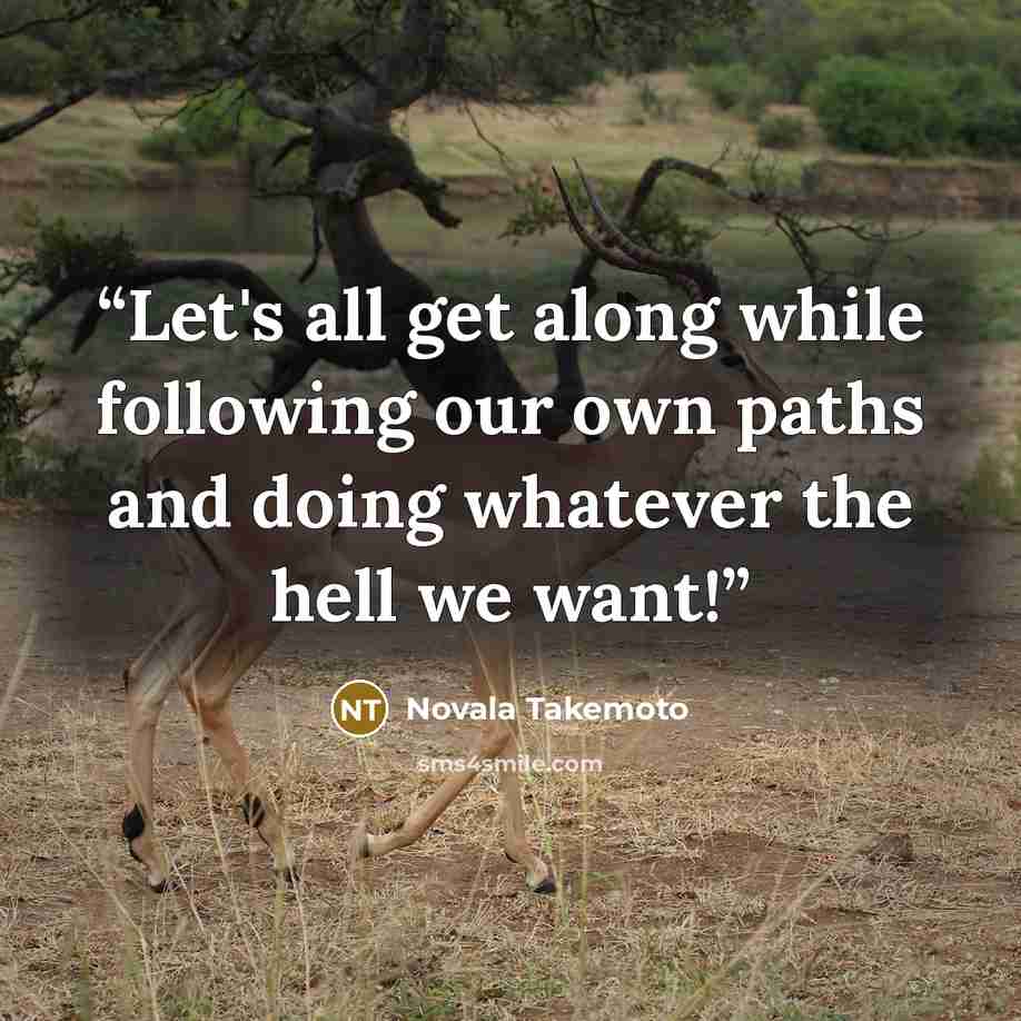 “Let's all get along while following our own paths and doing whatever the hell we want!” quote by Novala Takemoto
