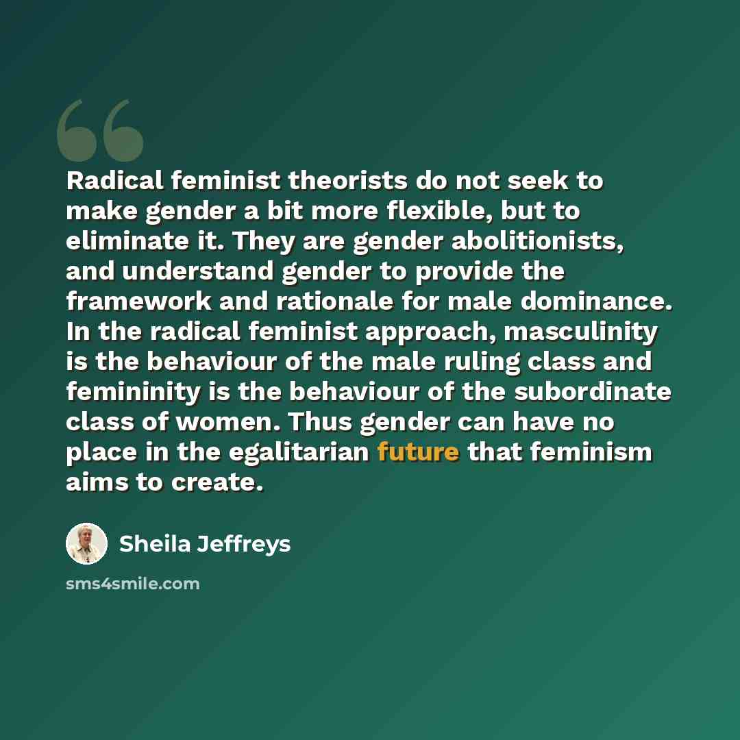“Radical feminist theorists do not seek to make gender a bit more flexible, but to eliminate it. They are gender abolitionists, and understand gender to provide the framework and rationale for male dominance. In the radical feminist approach, masculinity is the behaviour of the male ruling class…” quote by Sheila Jeffreys