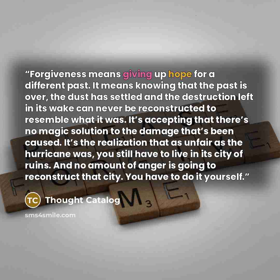 “Forgiveness means giving up hope for a different past. It means knowing that the past is over, the dust has settled and the destruction left in its wake can never be reconstructed to resemble what it was. It’s accepting that there’s no magic solution to the damage that’s been caused. It’s the…” quote by Thought Catalog