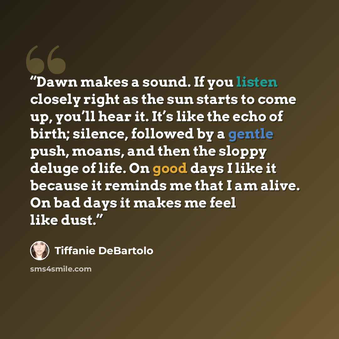 “Dawn makes a sound. If you listen closely right as the sun starts to come up, you’ll hear it. It’s like the echo of birth; silence, followed by a gentle push, moans, and then the sloppy deluge of life. On good days I like it because it reminds me that I am alive. On bad days it makes me feel like…” quote by Tiffanie DeBartolo