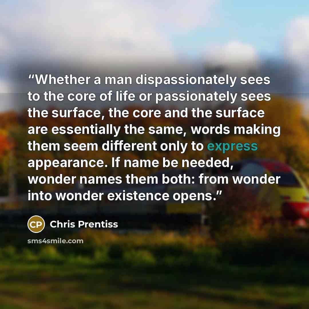 “Whether a man dispassionately sees to the core of life or passionately sees the surface, the core and the surface are essentially the same, words making them seem different only to express appearance. If name be needed, wonder names them both: from wonder into wonder existence opens.” quote by Chris Prentiss