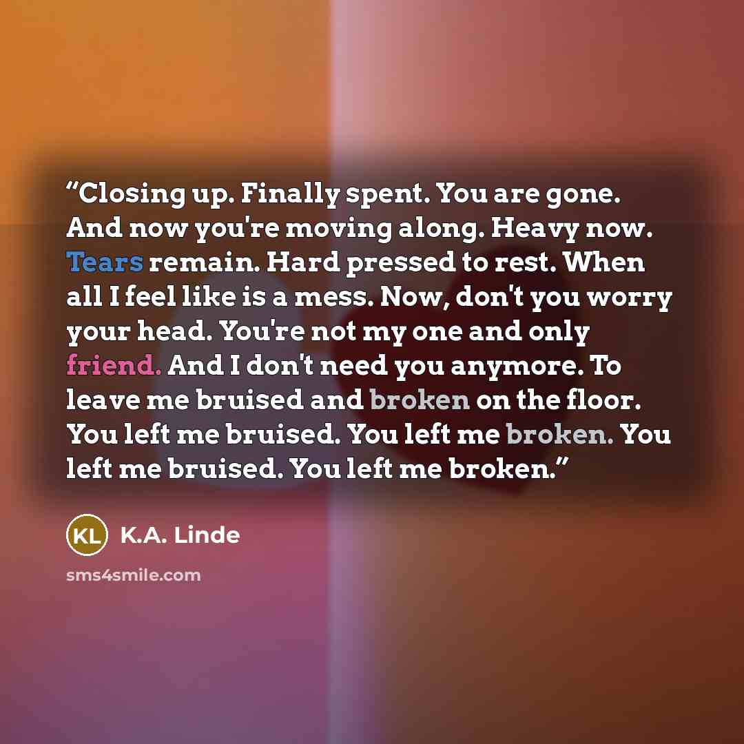 “Closing up. Finally spent. You are gone. And now you're moving along. Heavy now. Tears remain. Hard pressed to rest. When all I feel like is a mess. Now, don't you worry your head. You're not my one and only friend. And I don't need you anymore. To leave me bruised and broken on the floor. You…” quote by K.A. Linde