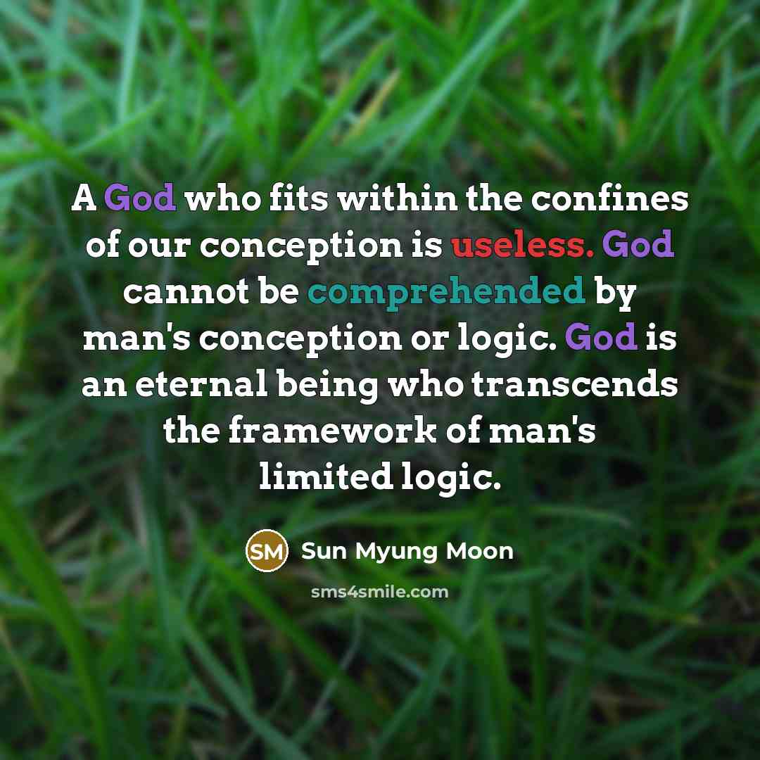 “A God who fits within the confines of our conception is useless. God cannot be comprehended by man's conception or logic. God is an eternal being who transcends the framework of man's limited logic.” quote by Sun Myung Moon