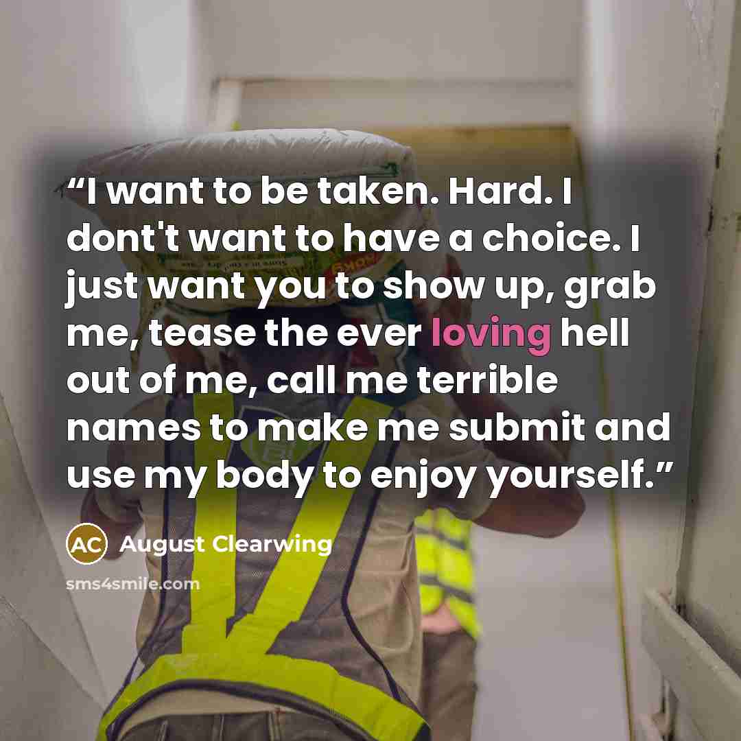 “I want to be taken. Hard. I dont't want to have a choice. I just want you to show up, grab me, tease the ever loving hell out of me, call me terrible names to make me submit and use my body to enjoy yourself.” quote by August Clearwing