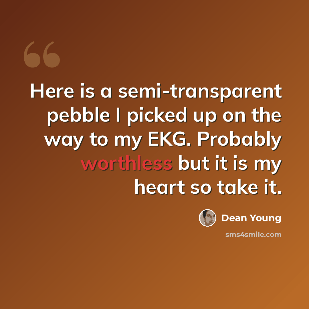 “Here is a semi-transparent pebble I picked up on the way to my EKG. Probably worthless but it is my heart so take it.” quote by Dean Young