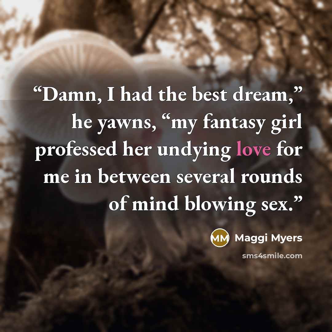 “Damn, I had the best dream,” he yawns, “my fantasy girl professed her undying love for me in between several rounds of mind blowing sex.” quote by Maggi Myers