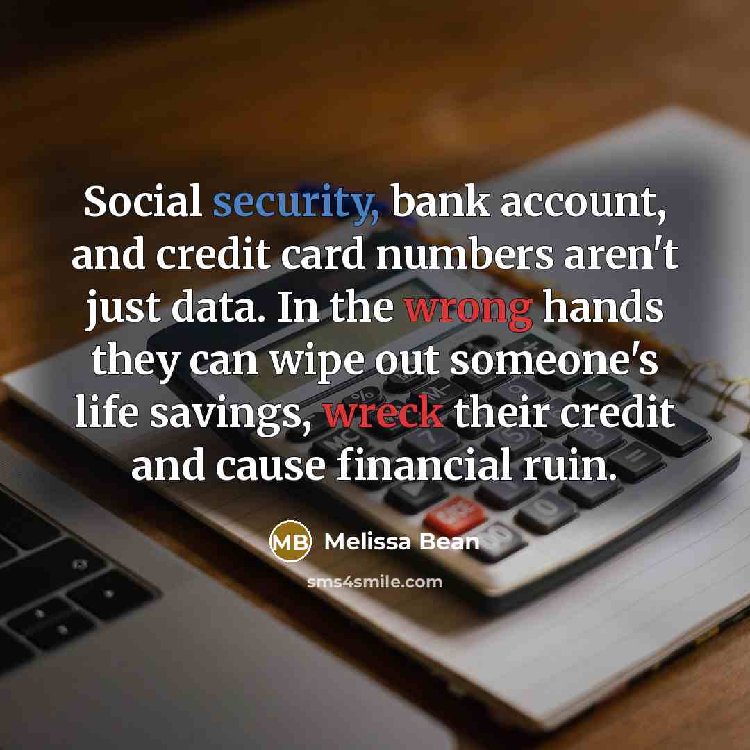 “Social security, bank account, and credit card numbers aren't just data. In the wrong hands they can wipe out someone's life savings, wreck their credit and cause financial ruin.” quote by Melissa Bean