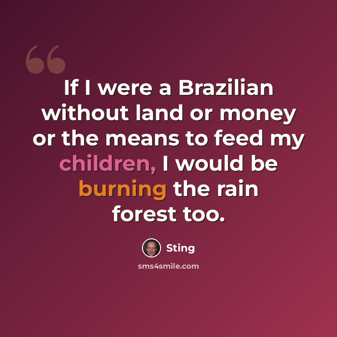 “If I were a Brazilian without land or money or the means to feed my children, I would be burning the rain forest too.” quote by Sting