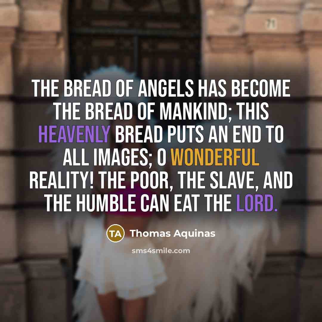 “The Bread of angels has become the Bread of mankind; This heavenly Bread puts an end to all images; O wonderful reality! The poor, the slave, and the humble can eat the Lord.” quote by Thomas Aquinas