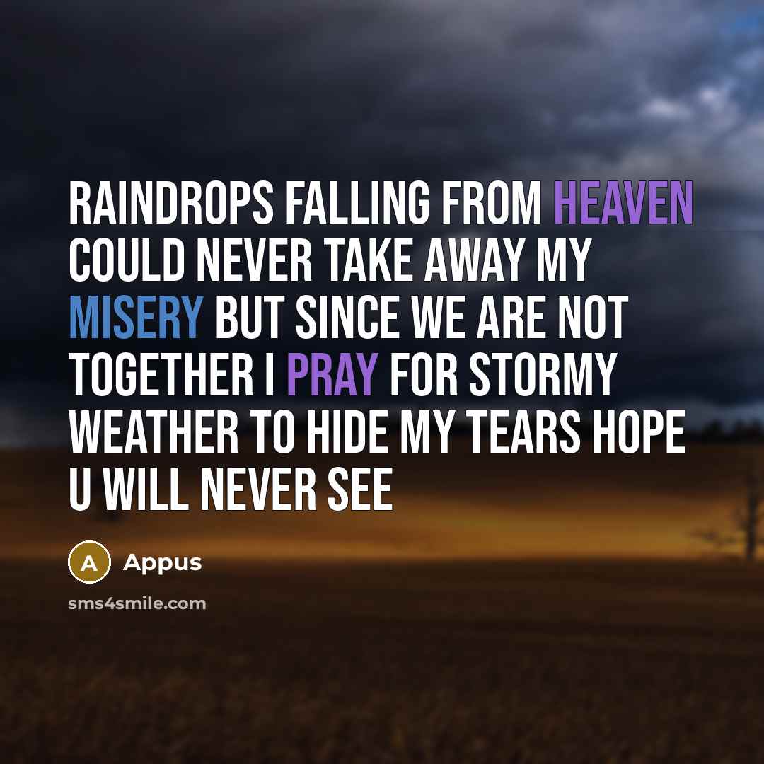“Raindrops falling from heaven could never take away my misery but since we are not together I pray for stormy weather to hide my tears hope u will never see” quote by Appus