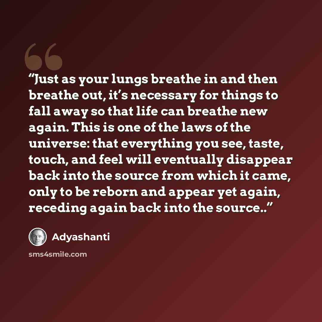 “Just as your lungs breathe in and then breathe out, it’s necessary for things to fall away so that life can breathe new again. This is one of the laws of the universe: that everything you see, taste, touch, and feel will eventually disappear back into the source from which it came, only to be…” quote by Adyashanti