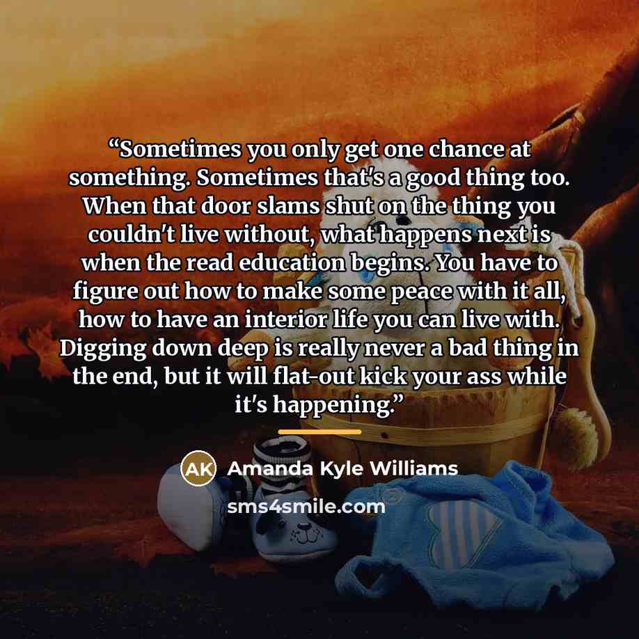 “Sometimes you only get one chance at something. Sometimes that's a good thing too. When that door slams shut on the thing you couldn't live without, what happens next is when the read education begins. You have to figure out how to make some peace with it all, how to have an interior life you can…” quote by Amanda Kyle Williams