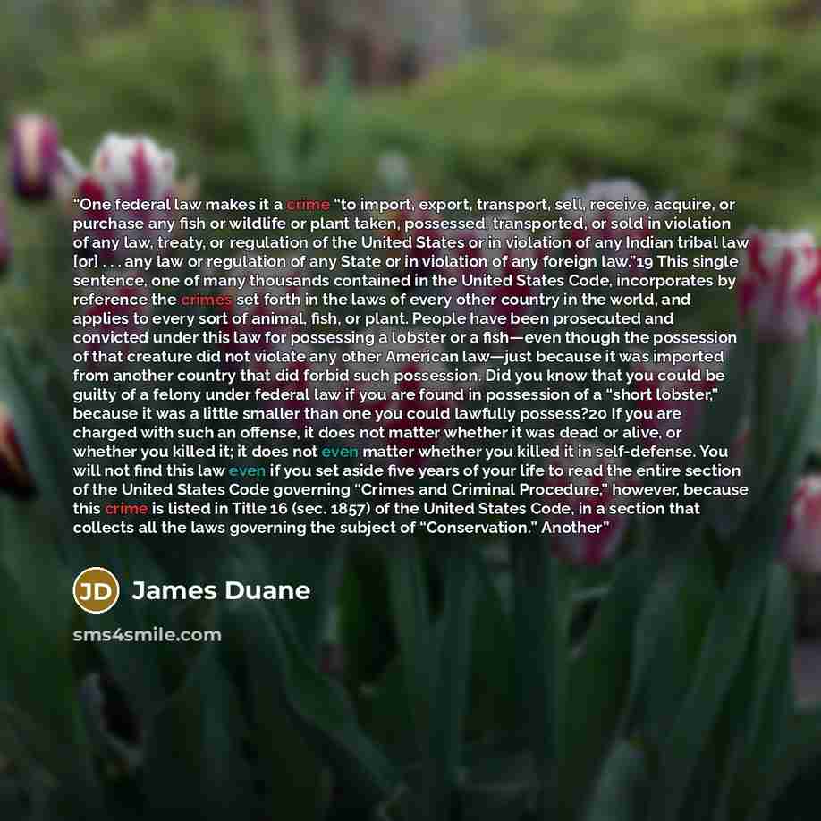“One federal law makes it a crime “to import, export, transport, sell, receive, acquire, or purchase any fish or wildlife or plant taken, possessed, transported, or sold in violation of any law, treaty, or regulation of the United States or in violation of any Indian tribal law [or] . . . any law…” quote by James Duane