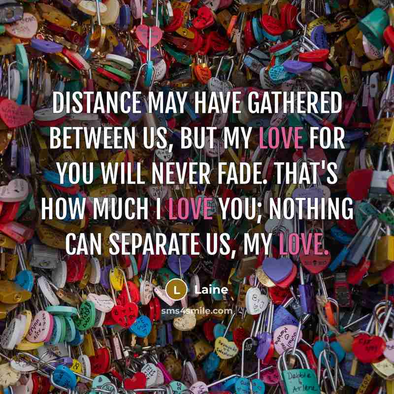 “Distance may have gathered between us, but my love for you will never fade. That's how much I love you; nothing can separate us, my love.” quote by Laine
